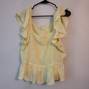 Open Edit Women's Blouse Top Size XL Yellow Solid Ruffle Viscose Square Neck